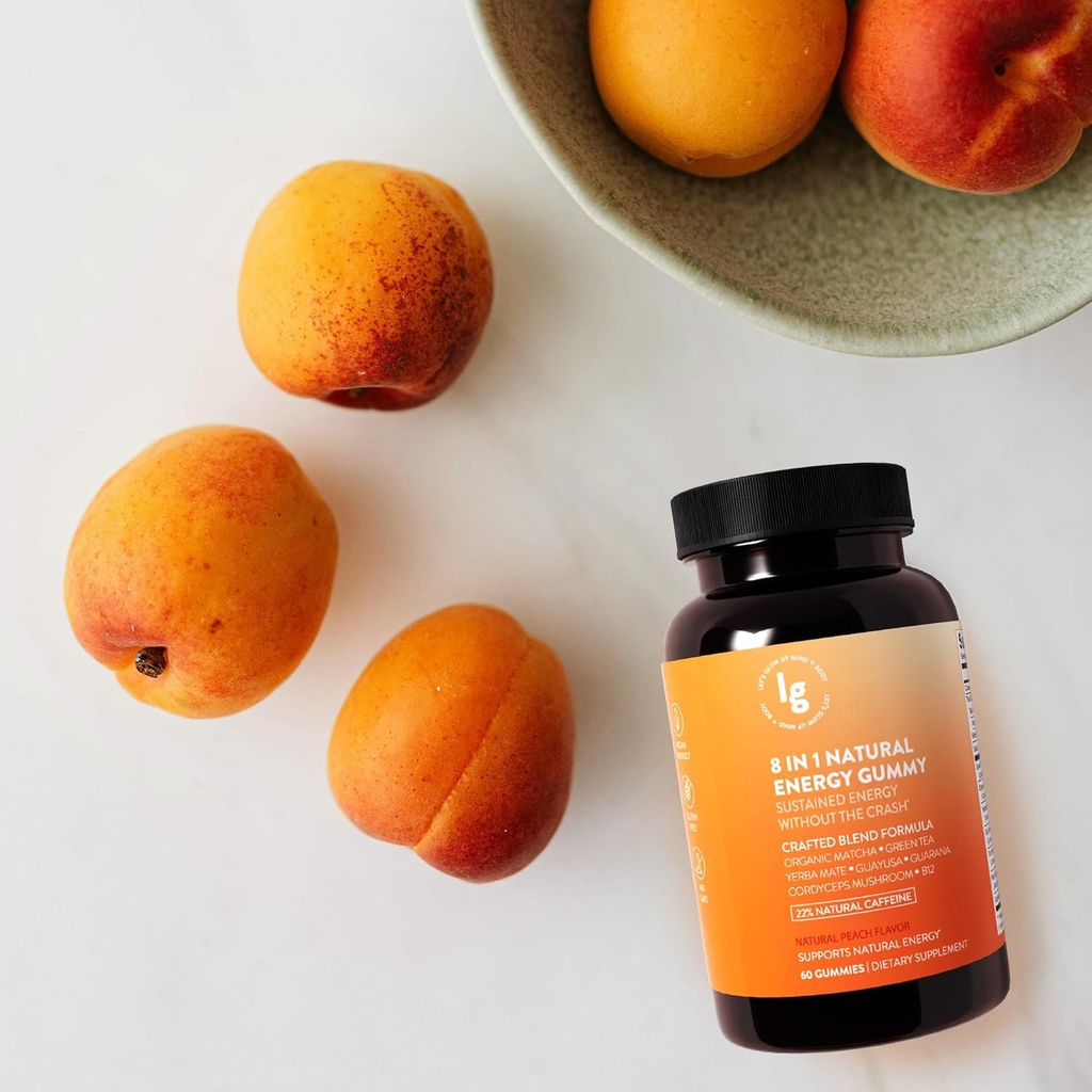 8-σε-1 Γκάμιες Φυσικής Ενέργειας – Βιταμίνη Β12, C, καφεΐνη, Πολυβιταμίνη + Υποστήριξη ύπνου & εστίασης – Μάσημα ενέργειας Vegan για άνδρες και γυναίκες – Γεύση Peach 60 Ct