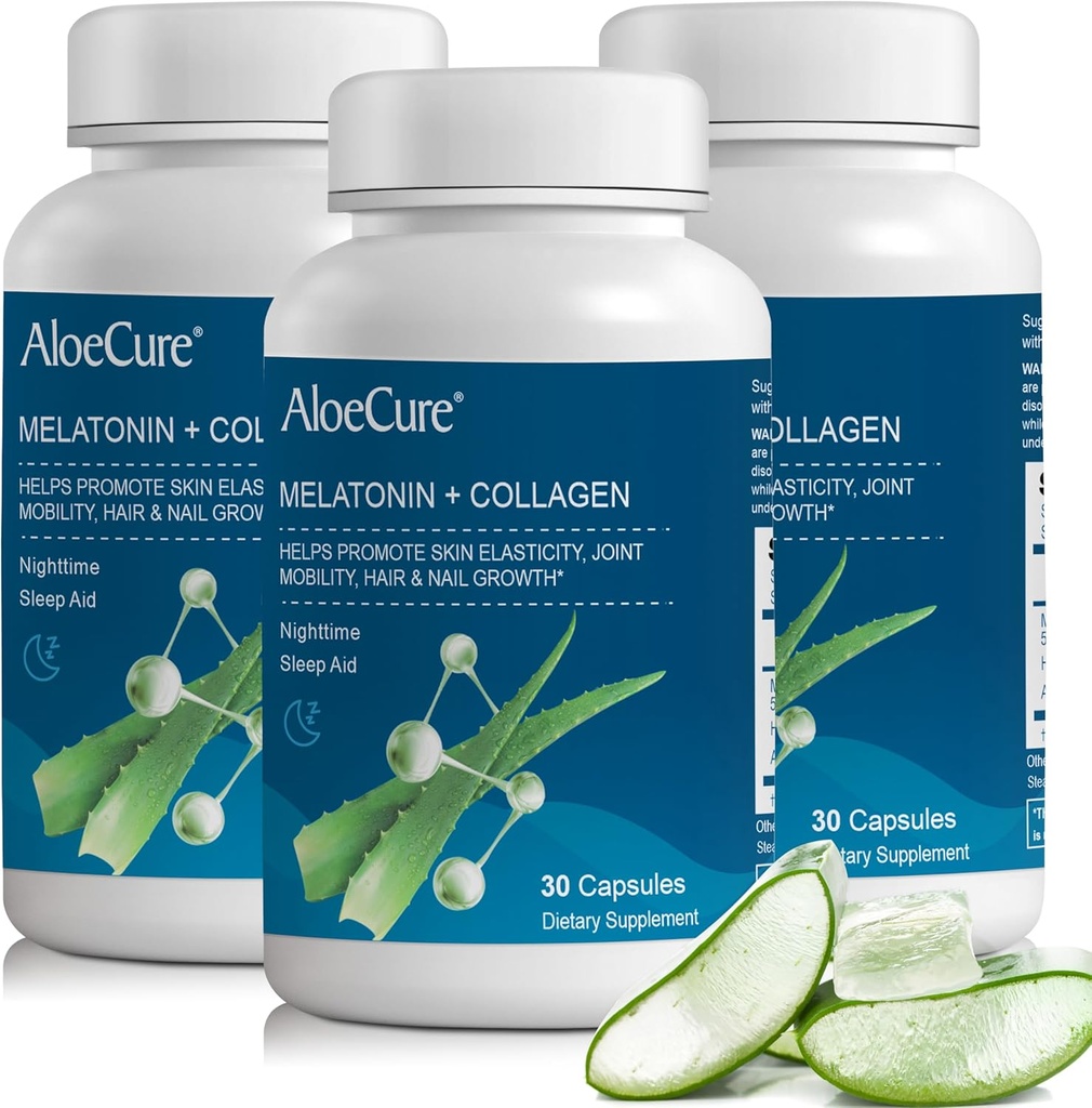 AloeCure Natural Melatonin + Collagen with Organic Aloe Vera - Natural Sleep Aid Supplement for Restful Nights - Ortak Kuvvet için Collagen Kompleksi, Skin Elasticity, Hair & Nail Büyüme, 30 Capsules