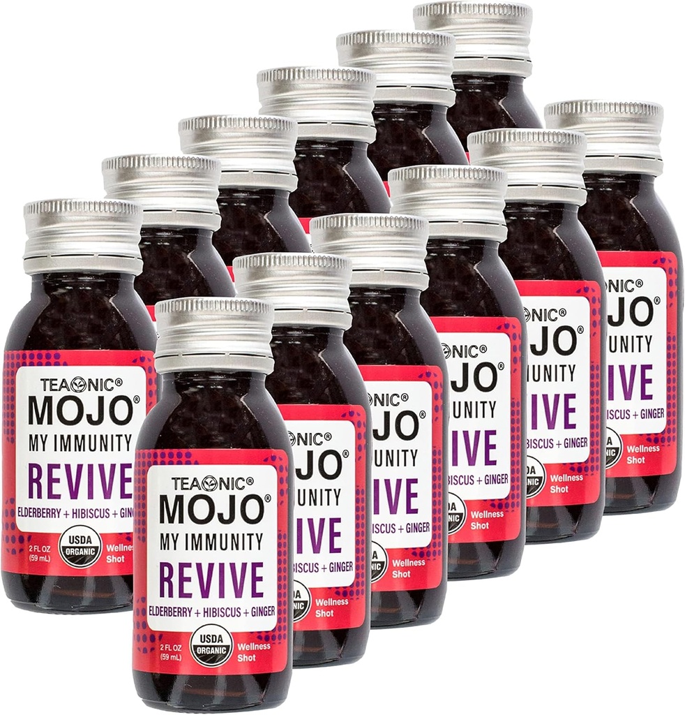 TEAONIC My Immunity Mojo: Revive, Herbal Juice, Herbal Supplement with Elderberry, Hibiscus, and Ginger, USDA-Cerized Organic, Vegan, Gluten-Free, 12 Packs, 2 Fl. Oz Herbal