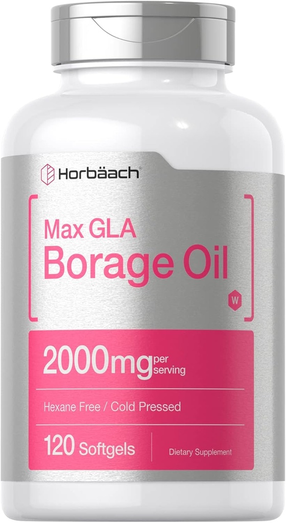 Horbäach Borage Oil Capsules 2000 mg | 120 Softgels | GLA | Cold Pressed Seed Oil Supplement