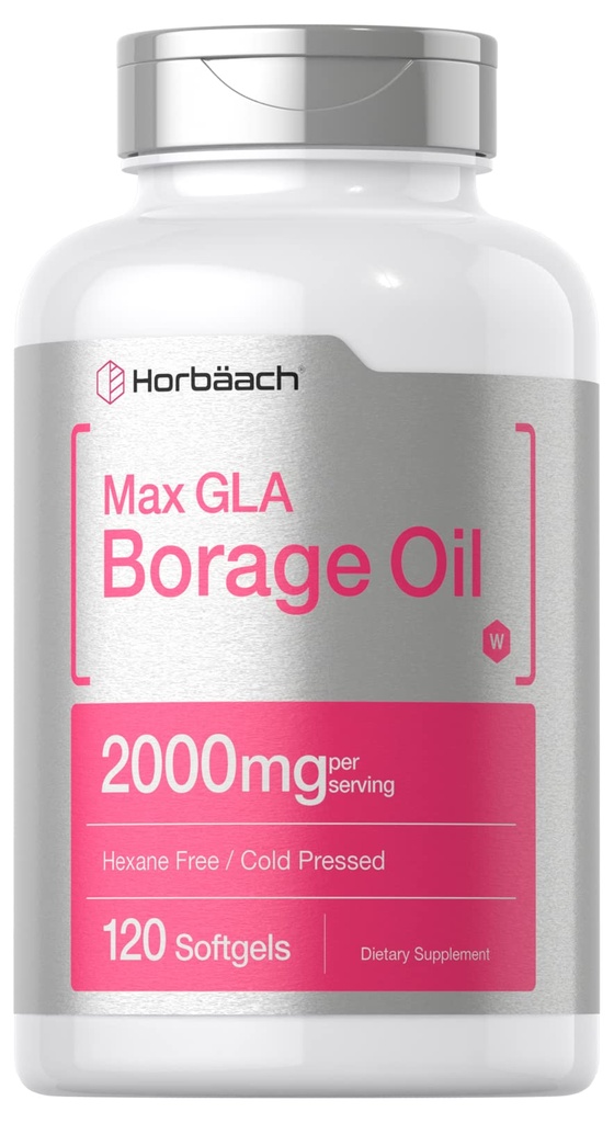 Horbäach Borage Oil Capsules 2000 mg | 120 Softgels | GLA | Cold Pressed Seed Oil Supplement