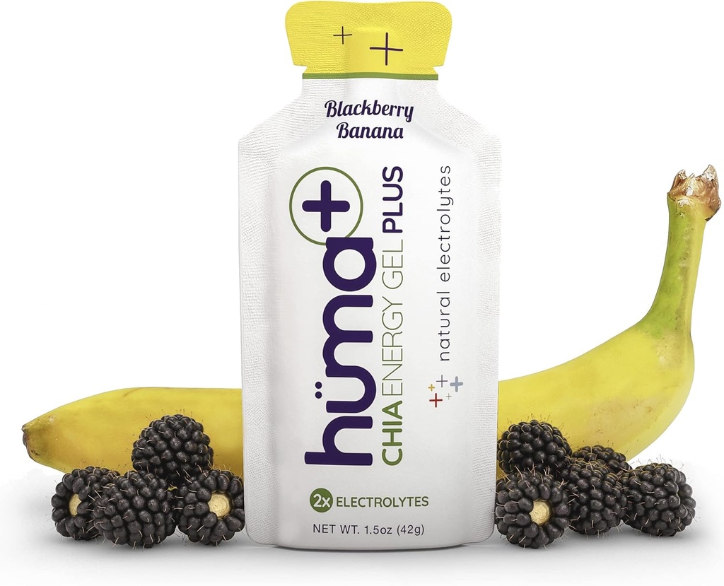 Huma Plus (Çift Elektrolytes) - Chia Energy Gel, BlackBerry Banana, 12 Gels - Stomach Friendly, Real Food Energy Gels