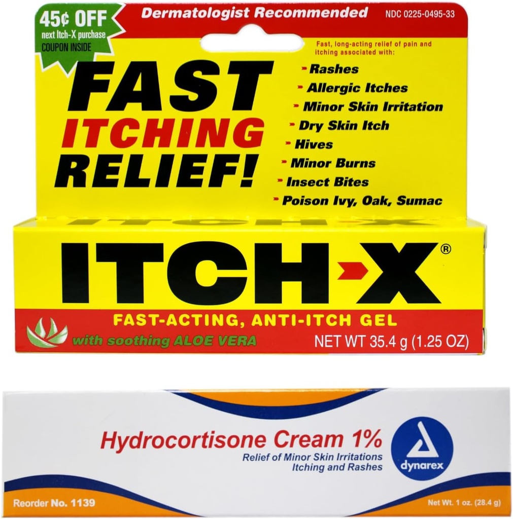 Itch-x Itch Relief Gel 1.25 oz + Hydrocortisone Cream 1 oz Fast Relief for Rashes, Minor Burns, Insect Bites, Zehir Ivy, Oak, Sumac.