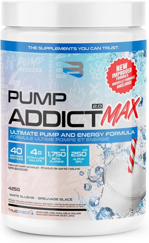 Πιστεύουν Συμπληρώματα - Αντλία Addict Max πριν από την προπόνηση σε σκόνη - Ενισχυμένη ενέργεια, εστίαση, και αντοχή... (40 εξυπηρετούν, λευκό slushie)