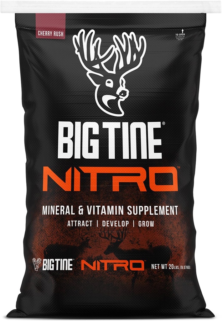 Big Tine Nitro, Deer Supplement, 20 lbs Bag, Cherry Rush Scent, Güçlü ve Long Lasting Scent, High Bioavailability, Vitaminler ve Mineraller ile Paketlendi