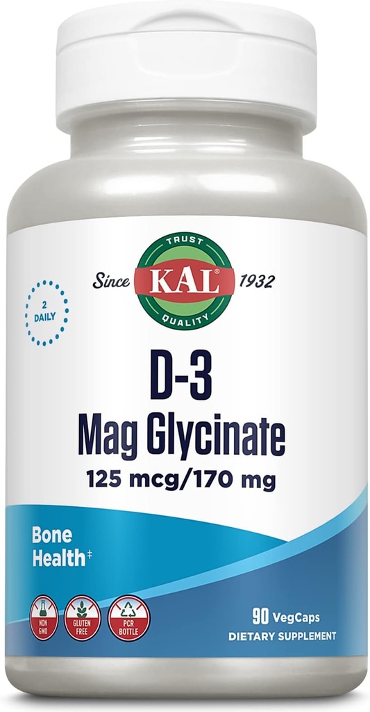 KAL D3 & Magnezyum Glycinate, BioPerine, Kas & Bone Health Support, Immune Support & More, Non-GMO, Gluten Free, 45 Hizmet, 90 VegCaps