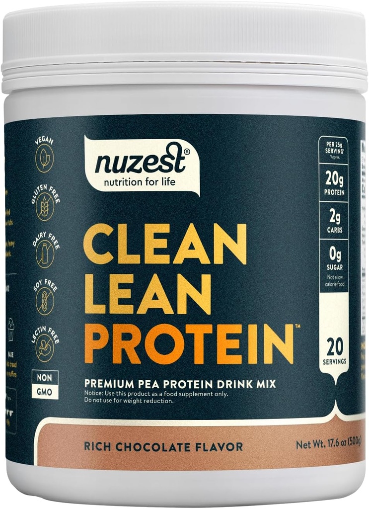 Nuzest - Pea Protein Toz - Temiz Lean protein, Premium Vegan Plant Temel Protein Toz, Süt Ücretsiz, Gluten Free, GMO Free, Protein Shake, Rich, 20 Hizmet, 1.1 lb