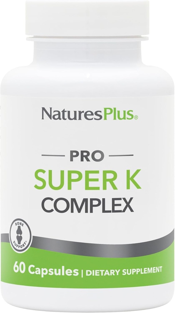 NaturesPlus PRO Super K Complex - 60 Κάψουλες - Προάγει τον υγιή Μεταβολισμό ασβεστίου - Περιλαμβάνει τις βιταμίνες K1 & K2 - Μη ΓΤΟ, Vegan & Gluten Free - 60 Σερβιέτες