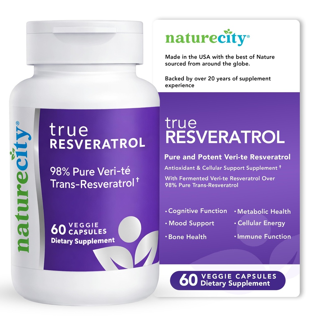 NatureCity TrueResveratrol – Resveratrol Supplement & Anti-Aging Support with 75 mg Trans-Resveratrol (% 98 Pure Data-te) for Heart, Immune, Bone & Cognitive Health | 60 Veggie Capsules