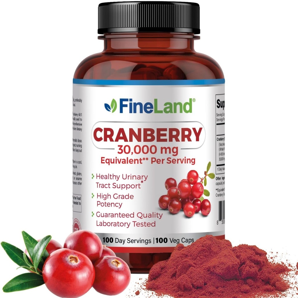 FineLand Cranberry Capsule başına 30.000 mg Güçlü - UTI Desteği için yüksek Potency Cranberry Pills - 100 Vegan Capsules, 100-Day Supply, Non-GMO, ABD'de Made in USA