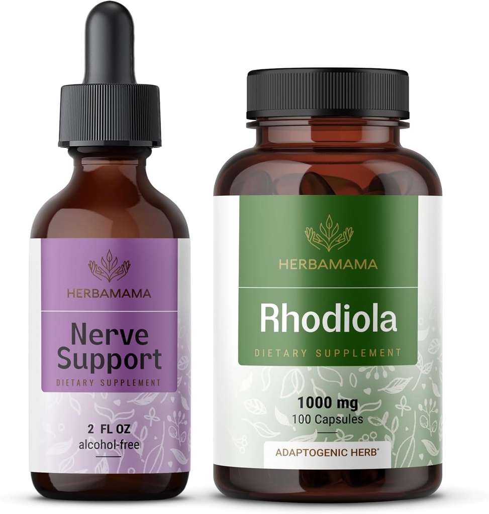HERBAMAMA Nerve Support and Rhodiola Kit - Nerve Support Liquid Complex 2 fl oz & Rhodiola Rosea Capsules - Vegan, Non-GMO, Sugar & Alkol-Free, 2 Pack