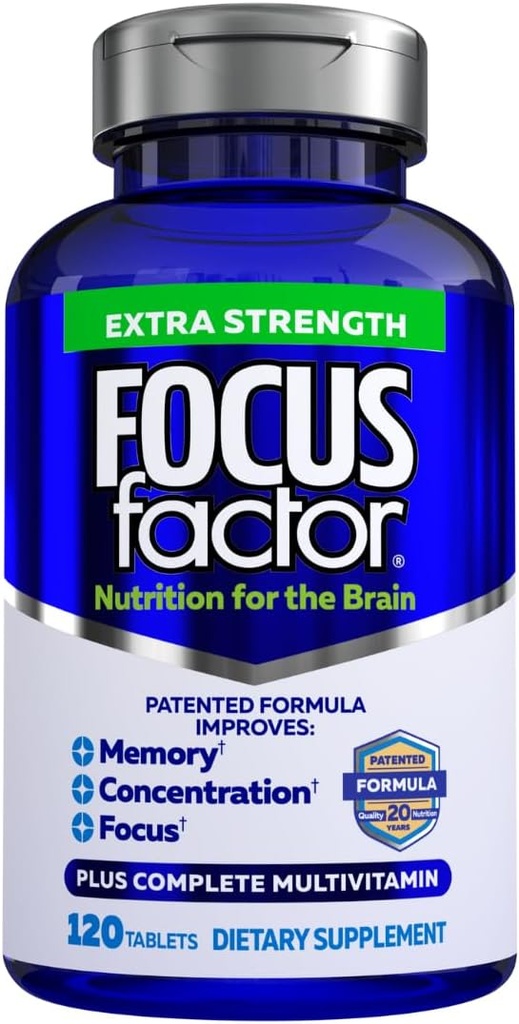 Focus Factor Adults Extra Strength, 120 Count - Brain Supplement for Memory, Concentration and Focus - Complete Multivitamin with DMAE, Vitamin D, DHA - Trusted Health Vitamins