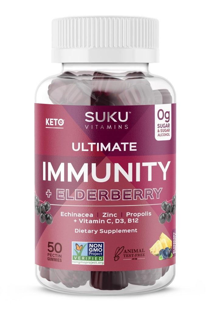 SUKU Vitaminleri - Ultimate Immunity - Elderberry Echinacea ve Propolis Gummies for Immune Support, Easy to Chew - Non GMO, Gluten Sugar Free - Pomegranate Lime Count