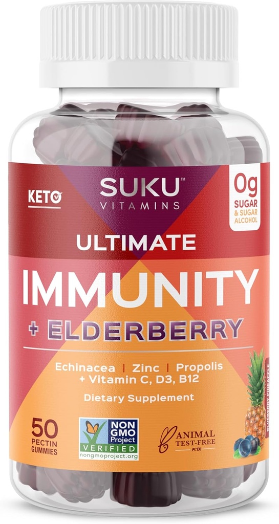 SUKU Vitaminleri - Ultimate Immunity - Elderberry Echinacea ve Propolis Gummies for Immune Support, Easy to Chew - Non GMO, Gluten Sugar Free - Pomegranate Lime Count
