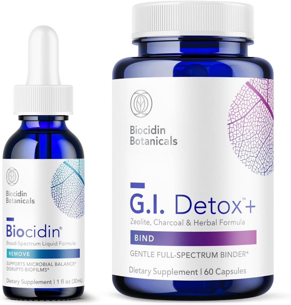 Bio-Botanical Research Biocidin Liquid Formula (1 oz) με GI Detox+ Gentle Binder - Δέσμη Αποτοξίνωσης Δύο Προϊόντων για την Υποστήριξη Καθαρισμού & Διέγερσης - Βοηθάει στην αφαίρεση τοξινών & βιοφίλμ