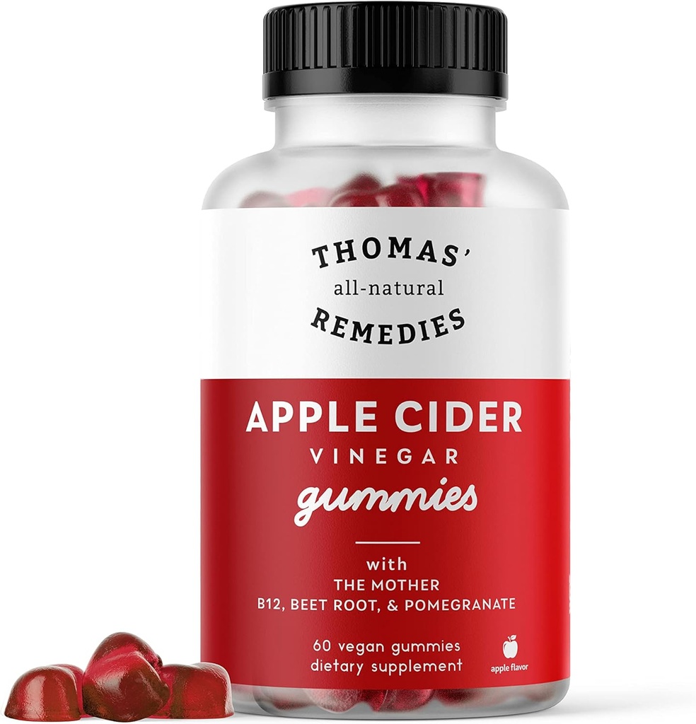 Thomas' all-natural Remedies Apple Cider Vinegar Gummies with The Mother, ACV Gummies 1000mg, Beet Root, Pomegranate, B9 & B12 Vitamins Gummies, Gelatin-Free, Gluten-Free, Vegan & Non-GMO (60 Count)