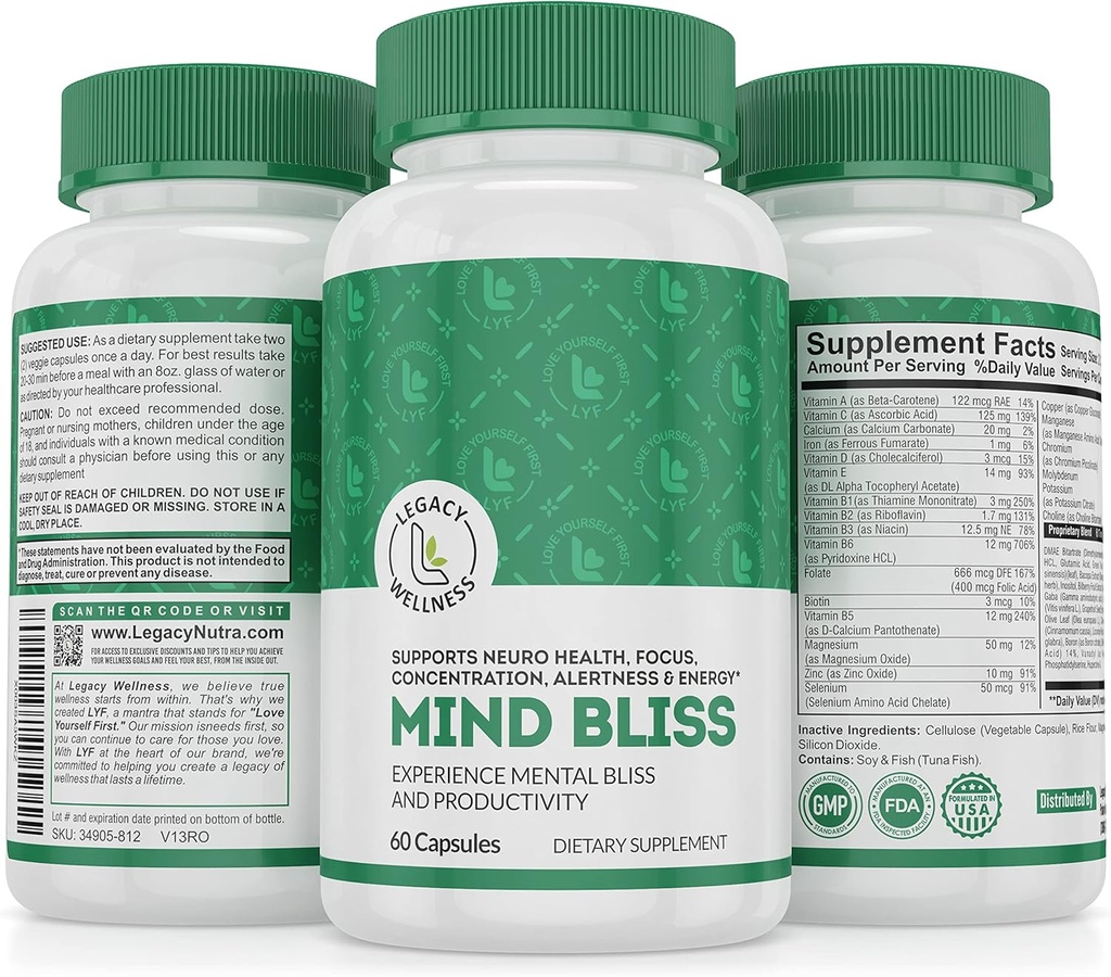 Mind Bliss Brain Συμπληρωματικό: 40-Συστατικό Μνήμη, Εστίαση & Καθαρότητα Βιταμίνες, Ενέργεια Boost & Nootropic Υποστήριξη με DMAE, 60 χάπια
