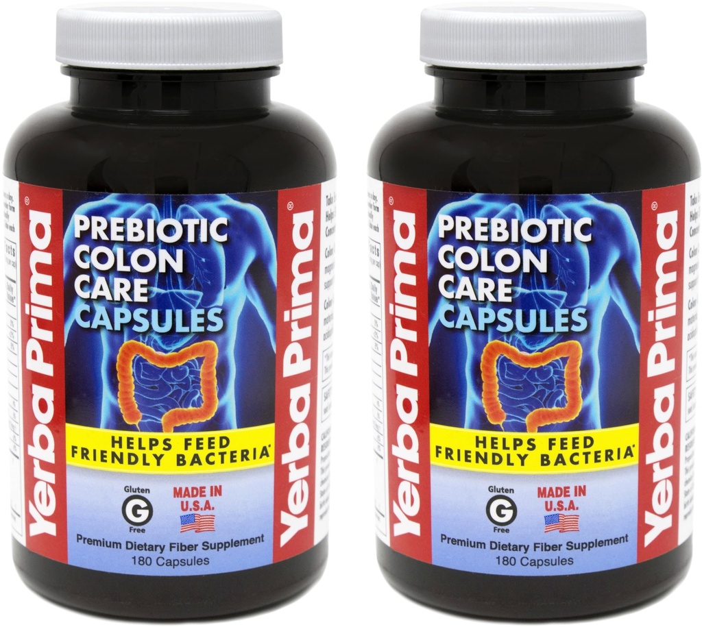 Yerba Prima Prebiyotik Colon Care Capsules Diyetary Fiber, 180 Kont, (Pack of 2) - Fiber Plus FOS Prebiyotiks Supplement - ► ve Düzenli Destekleme ve Dayanıklı Destek için Çözülmesi