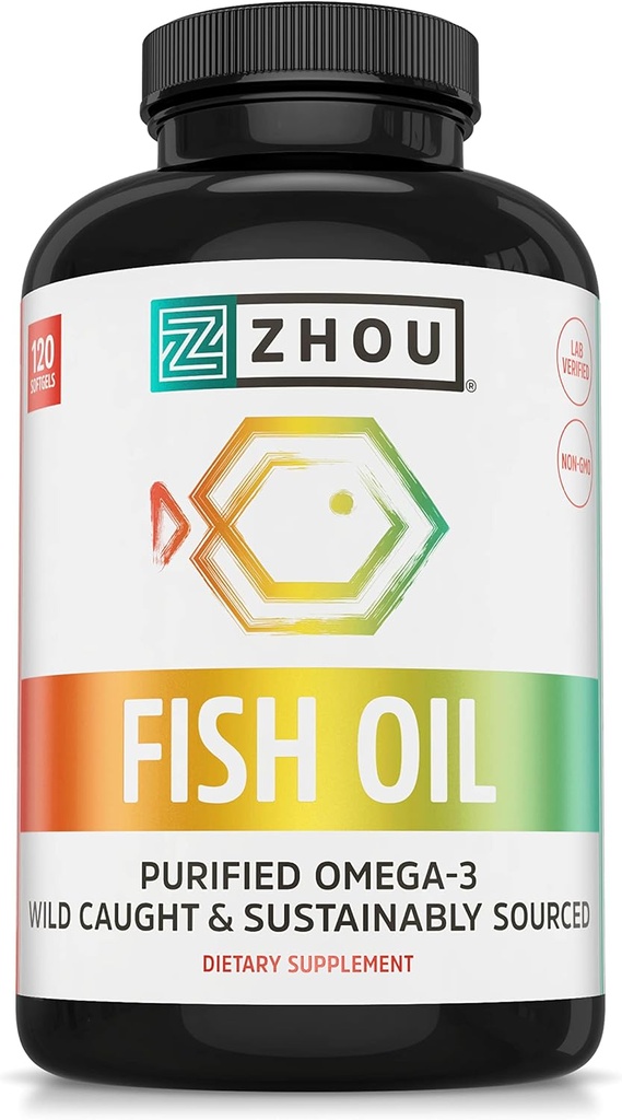 Zhou Fish Oil – Fish Oil Supplement for Women & Men, Omega 3 Fatty Acid, Natural Source of DHA & EPA for Yetişkinler, Burpless, Pure, Heart & Common Health - 120 Softgels