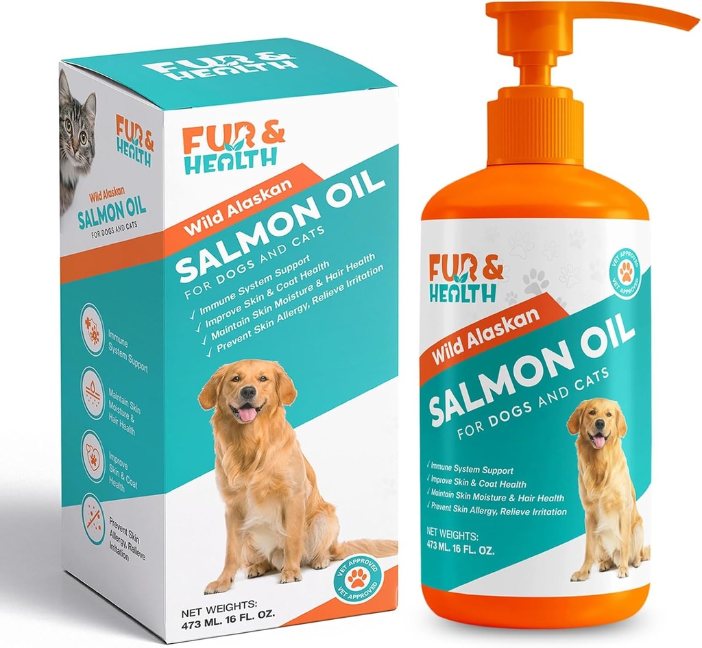 Fur & Health Wild Alaskan Salmon Oil with Omega 3 for Dogs & Cats - Natural Fish Oil Supplement Sağlıklı Skin, Shiny Coat & Ortak Destek - Pure EPA & DHA Formula for Pet Immune Health 16oz