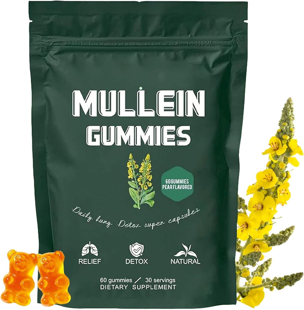 Mullein Gummies, Daily Respiratory Health Gummies,1000 mg Mullein Leaf herb Extract, Pear Flavor, Lung Health & Sinus Relief (30 Day Supply)