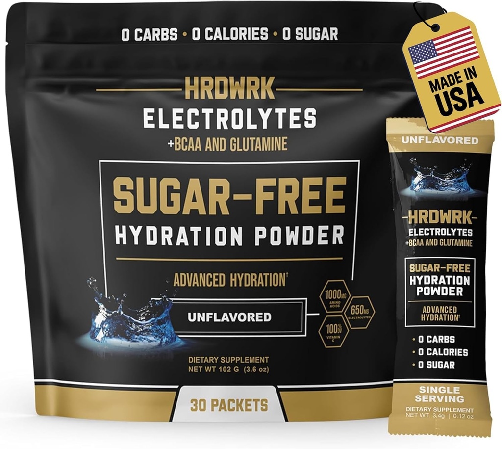HRDWRK Elektrolytes Toz Paketleri Magnezyum, Pyumoid sodyum, Keton Packets - BCAA Electrolyte Toz Packets with Glutamine, 30 Electrolytes Toz Packets Sugar Free (Unflavored)