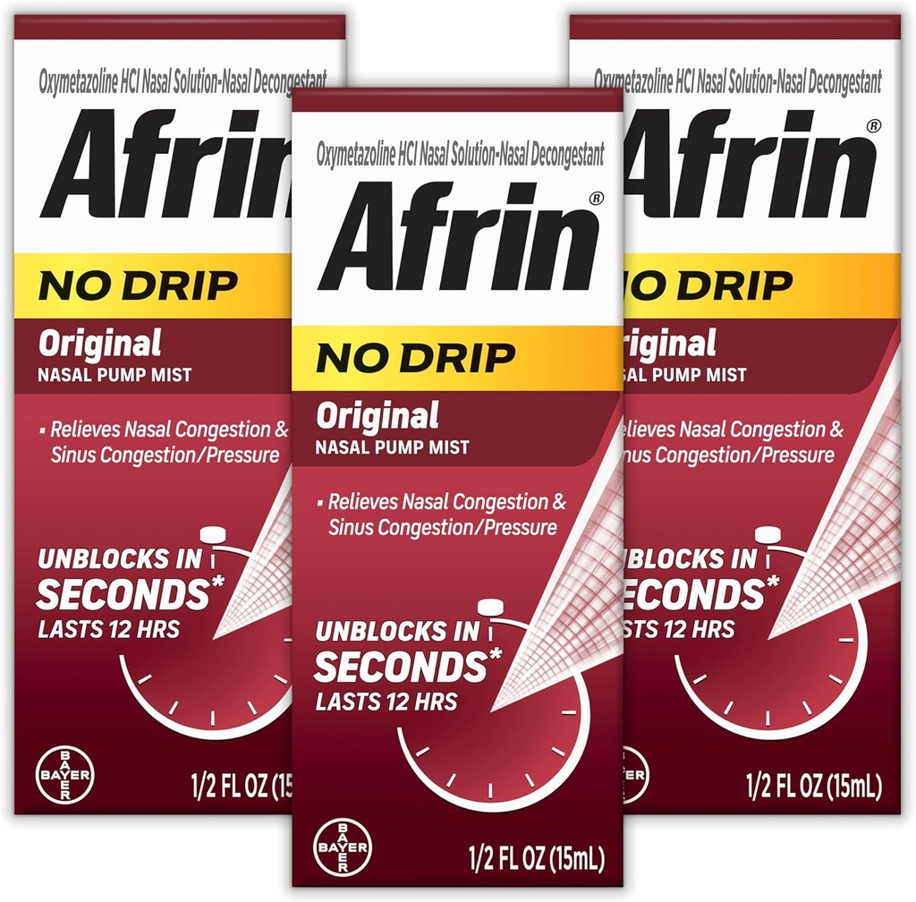 AFRIN No Drip Original Ρινική Mist Triple Pack, Μη Νυσταγμένο, Γρήγορο Συμφορητικό για Ρινική Συμφόρηση και Αρωγή Πίεσης, Ενήλικες και Παιδιά 6 και Μεγαλύτερα, .5 fl oz (Pack of 3)