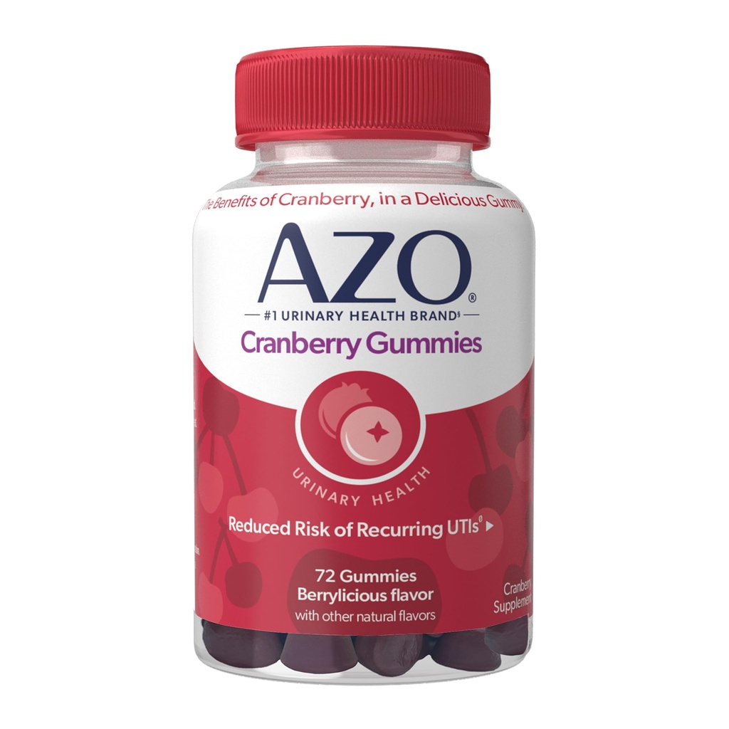 AZO Cranberry Urinary Tract Health Gummies Diyeter Supplement, 2 Gummies = 1 Cranberry Juice, Helps Cleanse & protect, Natural Berryliful Flavor, Non-GMO, 72 Gummies
