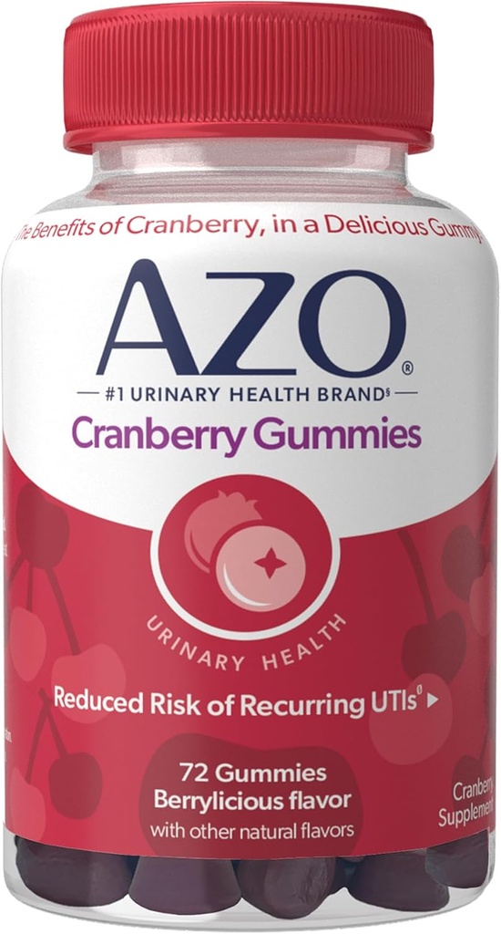 AZO Cranberry Urinary Tract Health Gummies Diyeter Supplement, 2 Gummies = 1 Cranberry Juice, Helps Cleanse & protect, Natural Berryliful Flavor, Non-GMO, 72 Gummies