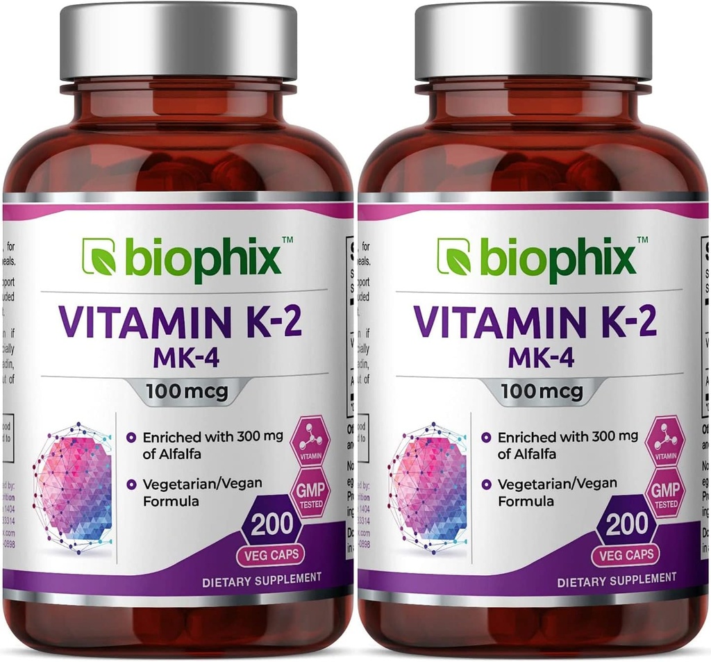 Biophix Vitamin K2 MK-4-100 mcg 200 Alfalfa 2 Pack ile Caps - Güçlü Bones Immune Health