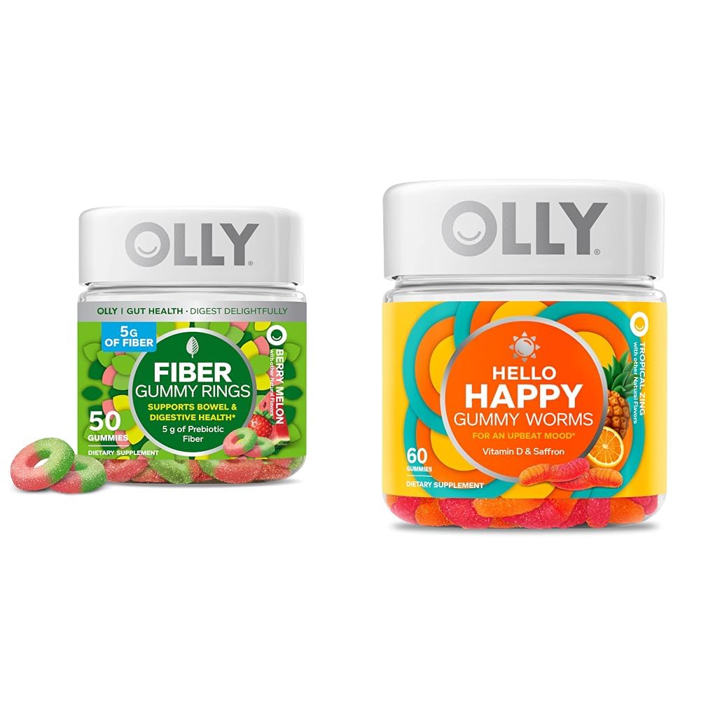 OLLY Fiber Gummy Ring, 5g Prebiyotik Fiber, FOS (Fructo-oligosaccharides), Digestive Support & Hello Happy Gummy Worms, Mood Balance Support, D, Saffron, Yetişkin Chewable Supplement