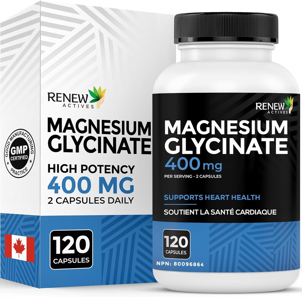 RENEW ACTIVES Magnezyum Glycinate 400MG per 2 Capsules Pure Magnezyum Bisglycinate for Full Body Relaxation, Sleep, Muscles, Bones & Energy - Electrolyte Balance - Kanada'da Yap -120 Capsules