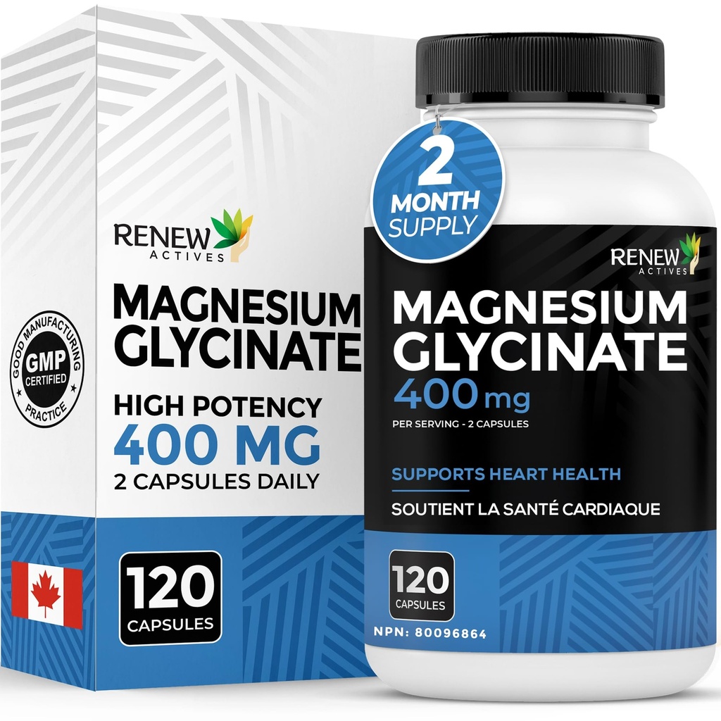 RENEW ACTIVES Magnezyum Glycinate 400MG per 2 Capsules Pure Magnezyum Bisglycinate for Full Body Relaxation, Sleep, Muscles, Bones & Energy - Electrolyte Balance - Kanada'da Yap -120 Capsules