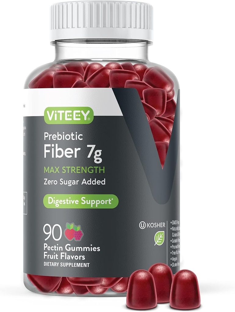 Viteey Prebiotic Fiber Gummies for Adults, 7g - Gut Health & Digestive Soluble Fiber Supplement Gummies - Zero Sugar Added, Vegan, Gluten-Free - 90 Count