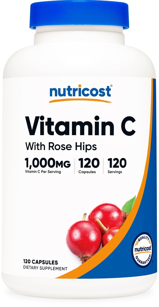 Rose HIPS 1025 mg ile Nutricost Vitamin C, 120 Capsules - C 1000 mg, Rose HIPS 25 mg, Premium, Non-GMO, Gluten Free Supplement