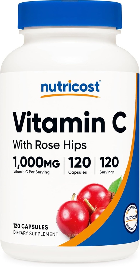 Rose HIPS 1025 mg ile Nutricost Vitamin C, 120 Capsules - C 1000 mg, Rose HIPS 25 mg, Premium, Non-GMO, Gluten Free Supplement