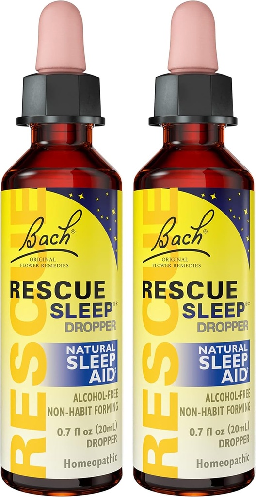 Bach RESCUE Σταγονομετρητής ύπνου, Φυσική Βοήθεια ύπνου, Ομοιοπαθητικό Απόσταγμα λουλουδιών, Χωρίς Μελατονίνη, Ζάχαρη, & Γλουτένη, Οικογένεια-Φιλική, Μη-Alcohol Formula, 2 Pack, 20mL Ea