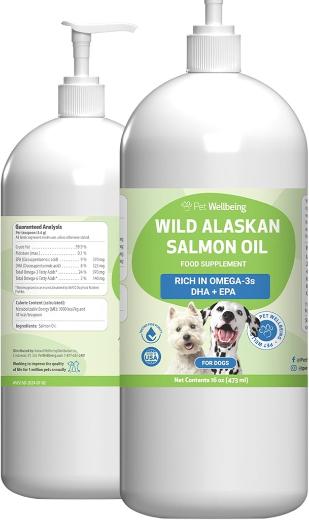 Pet Wellbeing Wild Alaskan Salmon Oil for Dogs - Wild-Caught, Cold-Processed, Daily Omega-3 Fish Oil for Healthy Coat and Skin, Joint Mobility and Strength - EPA, DHA - 16 fl oz (473 ml)