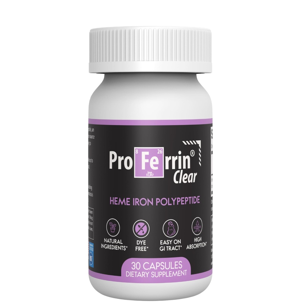 Proferrin Clear 30ct | US Made heme Iron for high Abpole, Easy on GI Tract | Natural, NSF Sertifikalı, Boya Ücretsiz