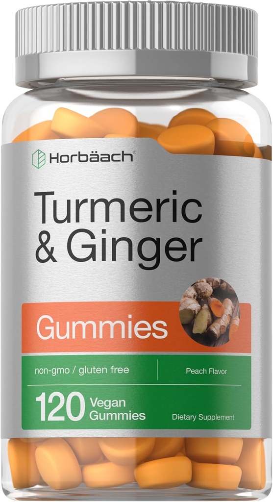 Horbäach Turmeric ve Ginger Gummies | 120 Kont | Peach Flavor | Vegan Non-GMO & Gluten Free Supplement Supplement Supplement