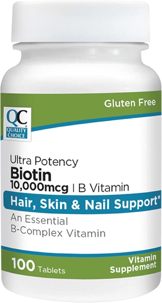 Quality Choice Biotin 10.000 mcg + B Tablets 100 Count Ultra Potency Nail, Skin, & Hair Support