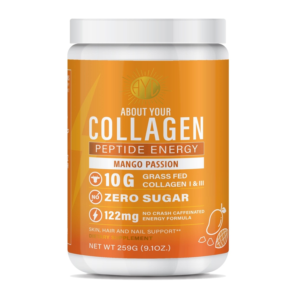 Peptide Energy Collagen Toz Saç, Nail, Skin, Tip I & III,Caffeine for Energy, Vitamin C, Biotin, Hyaluronic Acid, Zero Sugar – 8.92 oz (Mango Passion)