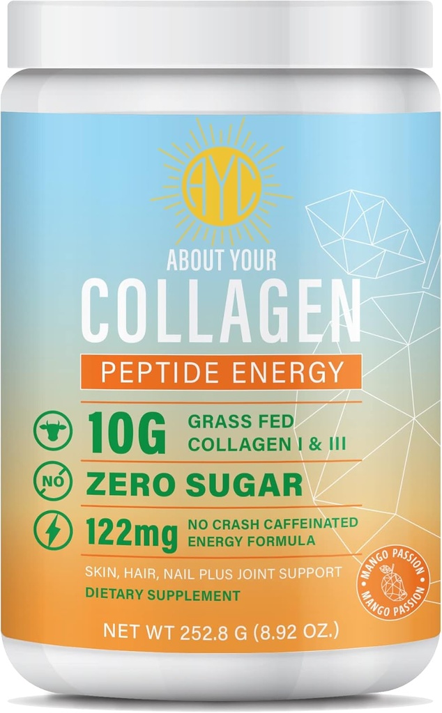 Peptide Energy Collagen Toz Saç, Nail, Skin, Tip I & III,Caffeine for Energy, Vitamin C, Biotin, Hyaluronic Acid, Zero Sugar – 8.92 oz (Mango Passion)