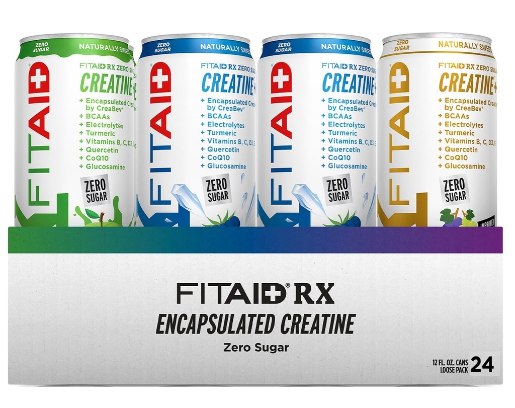 FITAID RX Zero Sugar, Encapsatedt Kretine, Workout Recovery Drink, All-In-One Mix, BCAAs, Glucosamine, Turmeric, B-Complex, Electrolytes, Diversity Pack, 12 Fl Oz (24 paketi)