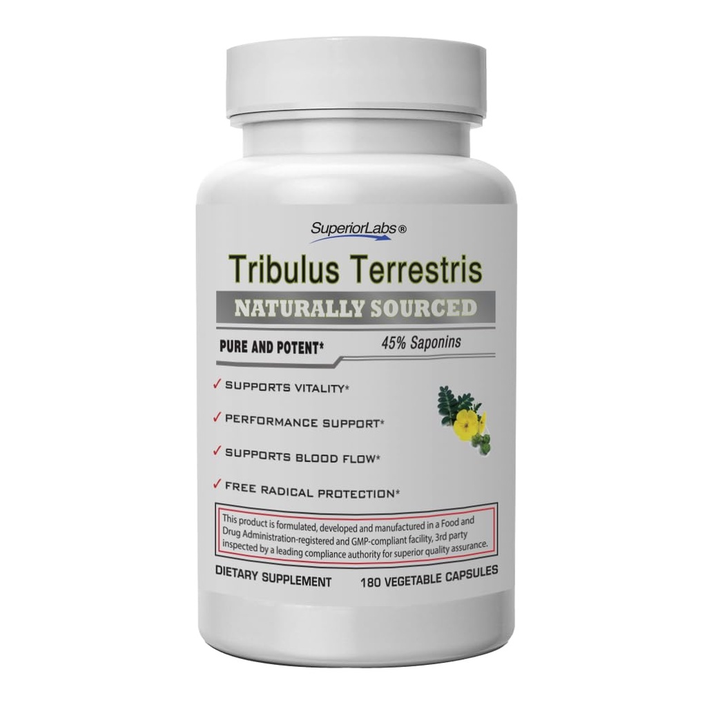 Üstün Laboratuvarlar - Tribulus Terrestris - Performans Destek & Cortisol Blocker% 45 Saponins, High Potency & Pure 1500 mg Dosage, 180 Sebze Caps - Supports Vitality - Eklenen BioPerine®