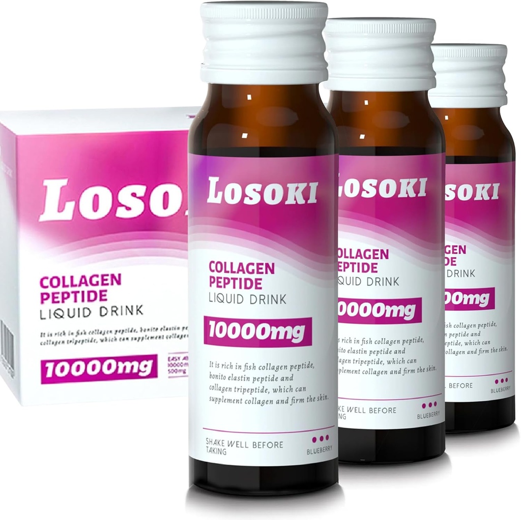 Losoki Liquid Collagen Peptide Drink - 10000 mg Hydrolyzed Marine Collagen Hydro with Vitamin C, Premium Mix, Sağlıklı Saç Deri Çiçeği Ortaklar Bones, (1 Box, 10 Şişe)