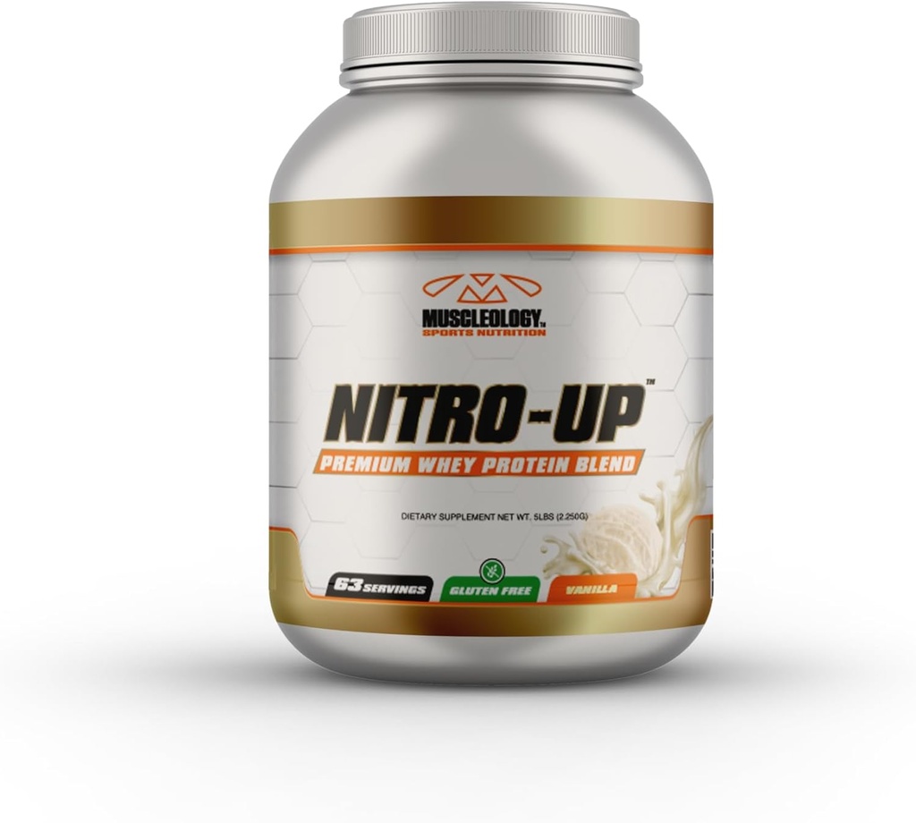 MUSCLEOLOGY Nitro-Up Hydrolyzed Whey Isolate Protein, BCAAs, EAAs ve Digestive Enzymes (Vanilla, 5 Pound) ile bir araya geldi.