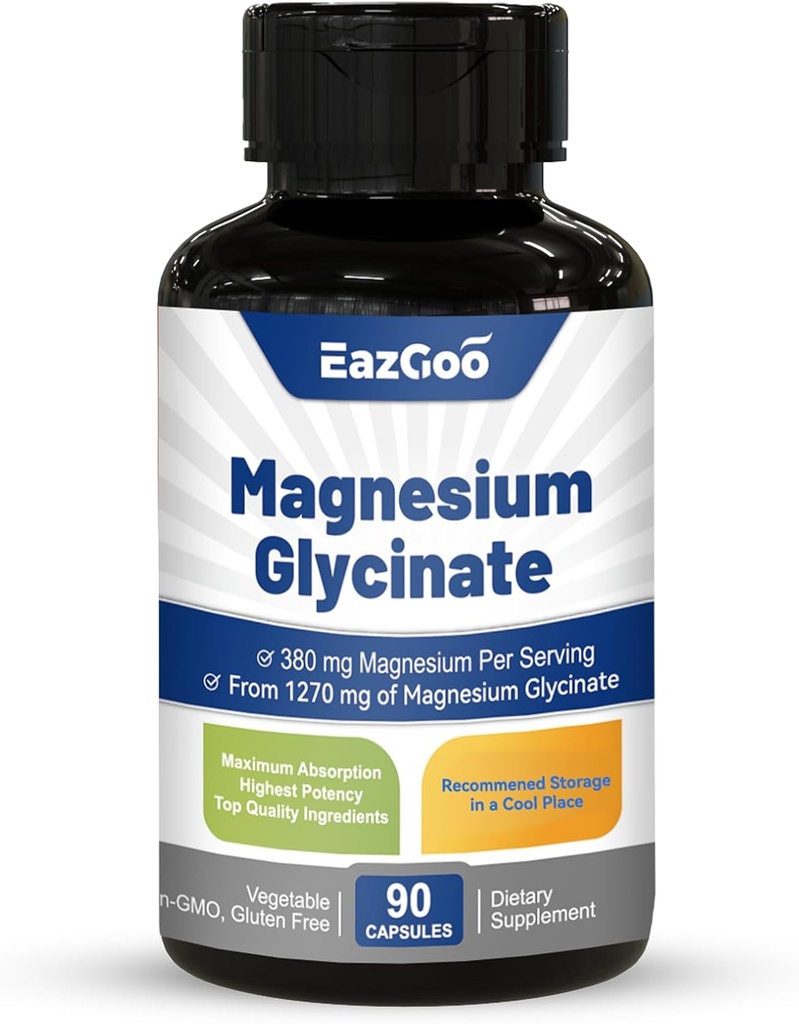 Magnezyum Glycinate Capsules 1270 mg, 380 mg Magnezyum Supplement, High Abors Magnezyum Glycinate Supplement, Non-GMO No Gluten, 90 Capsules
