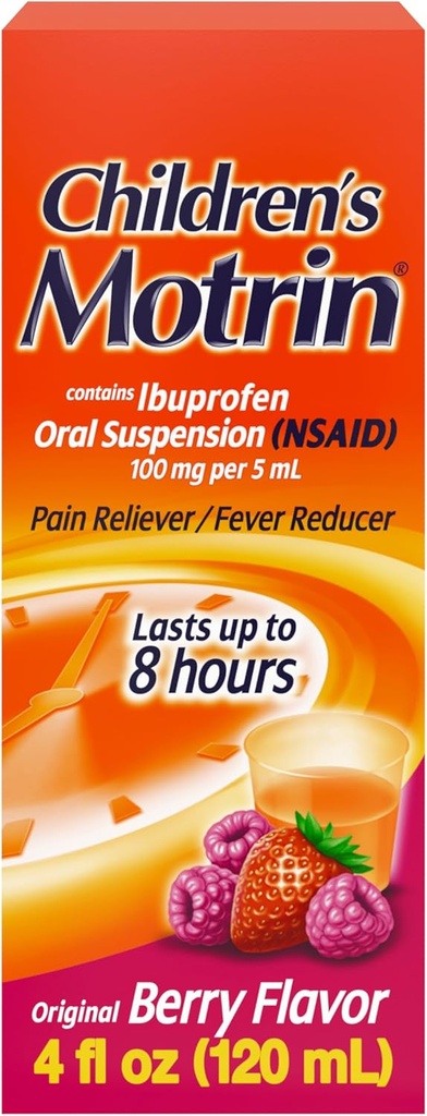 Çocuk Motrin Oral Suspension Medicine, 100 mg Ibuprofen, Çocuklar Ateşi ve Ağrı Soğuk ve Flu nedeniyle, Alkol Özgür, Berry Flavored, 4 fl. ozgur