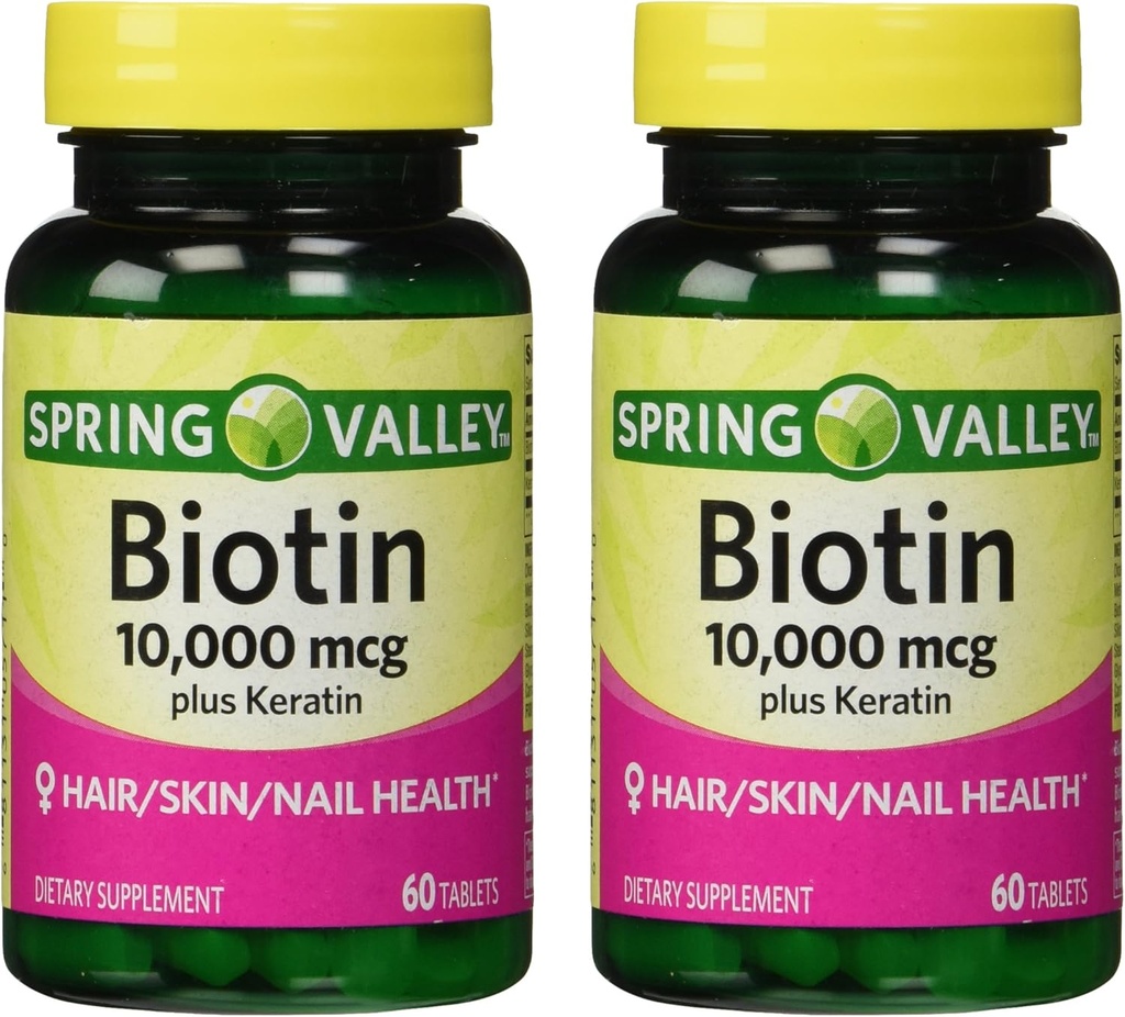 Ανοιξιάτικη Κοιλάδα 10000mcg Βιοτίνη με 100mg Keratin Dietary Supplement, 60 Count (Pack of 2)